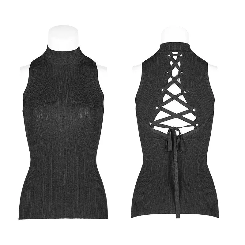 OPM-100 Womens Sexy Cross Thin Roping Ice Silk Knitted Punk Vest