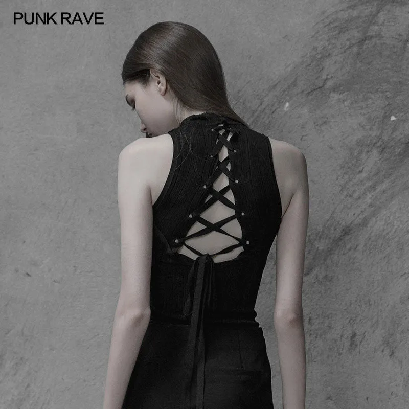 OPM-100 Womens Sexy Cross Thin Roping Ice Silk Knitted Punk Vest