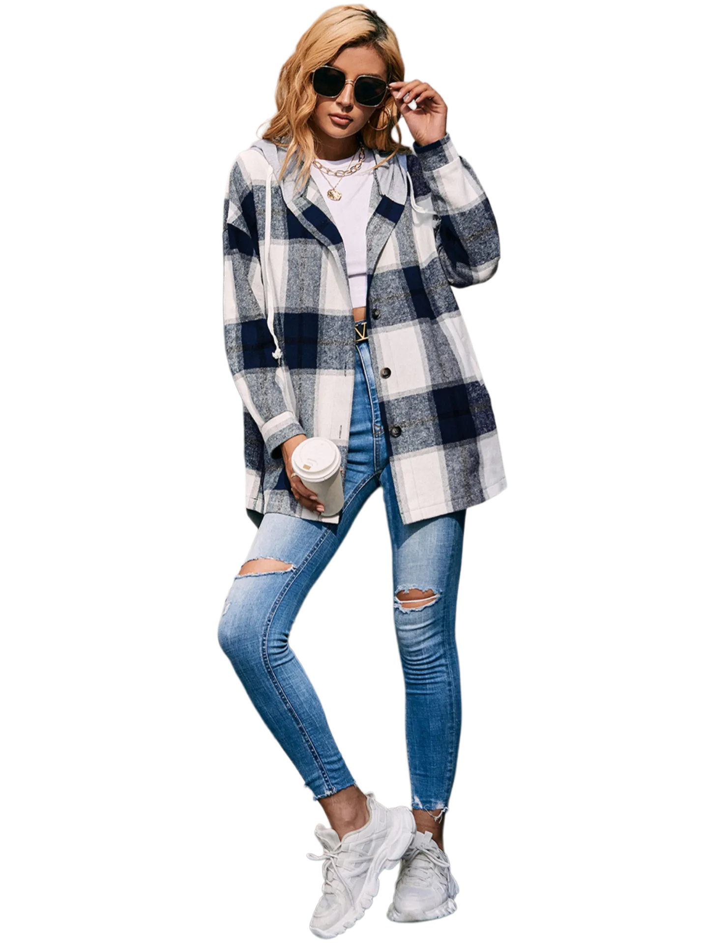 Plaid Dropped Shoulder Hooded Jacket