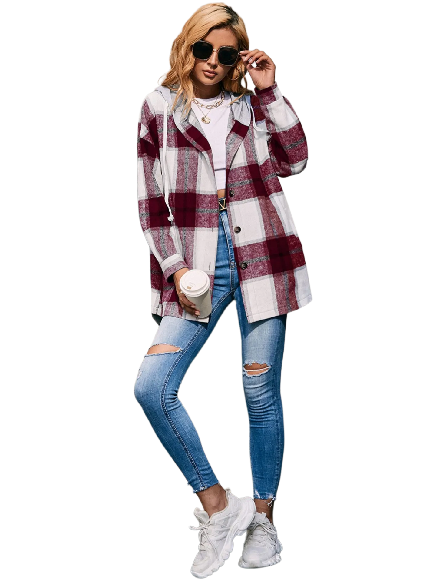 Plaid Dropped Shoulder Hooded Jacket