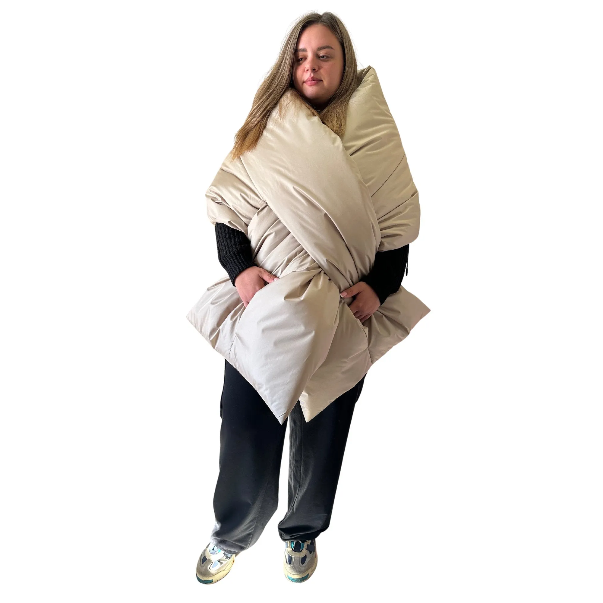 Plus Size Beige Puffer Scarf – Long Wide Scarf, 25x100 inches with 2 Pockets and Belt