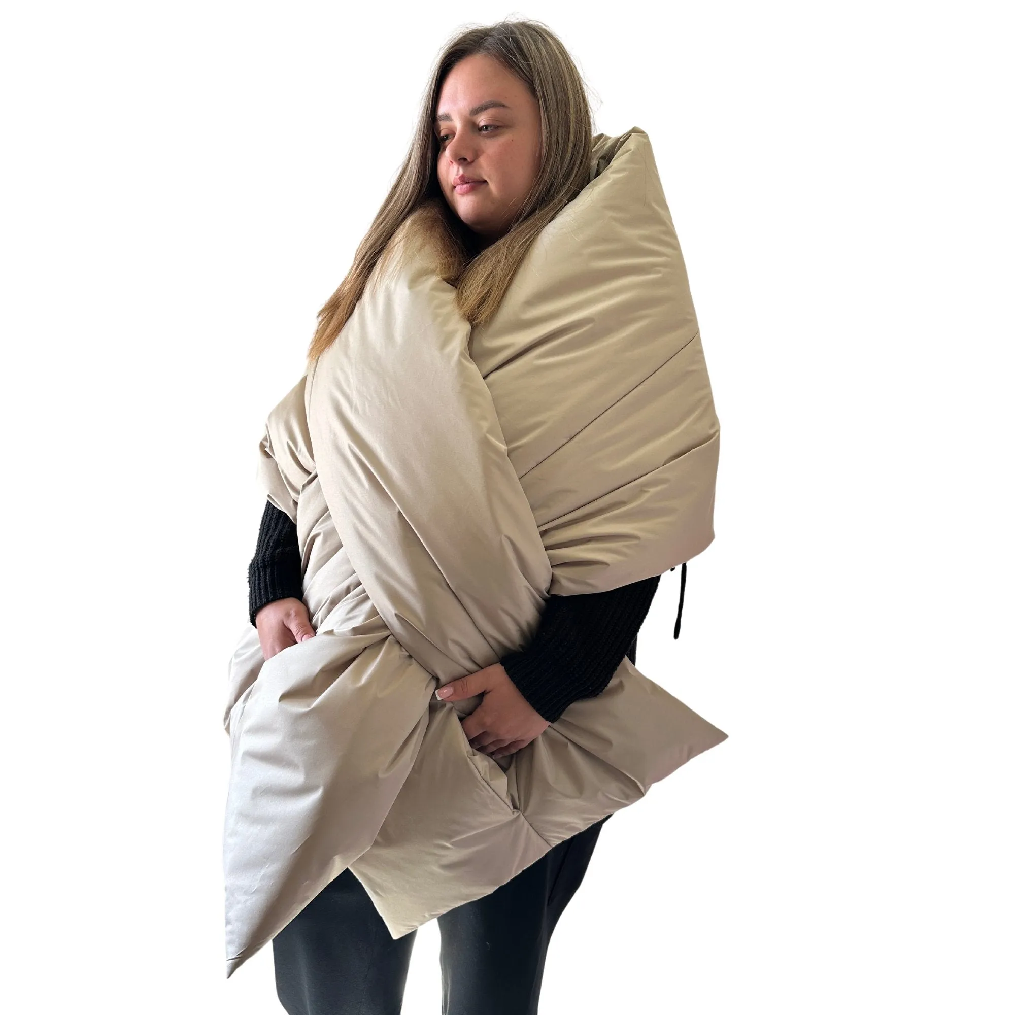 Plus Size Beige Puffer Scarf – Long Wide Scarf, 25x100 inches with 2 Pockets and Belt