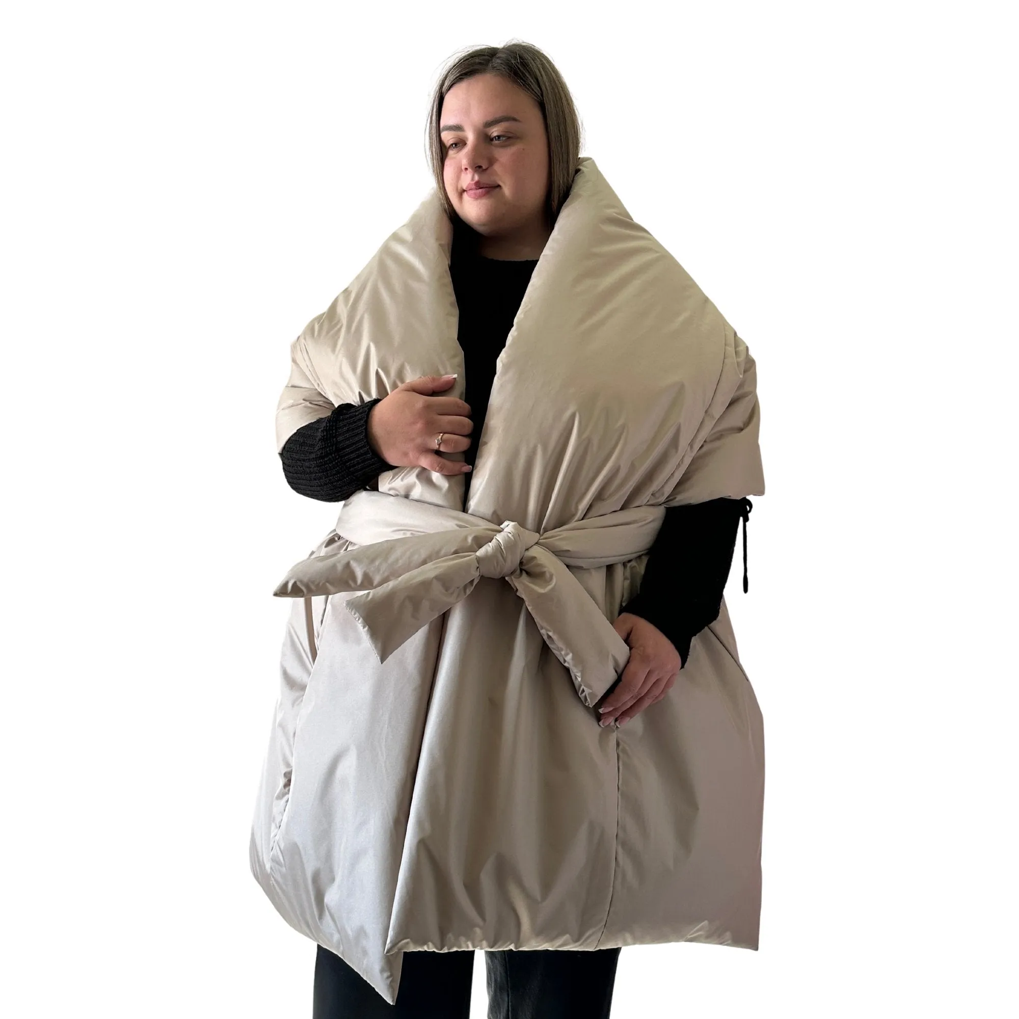 Plus Size Beige Puffer Scarf – Long Wide Scarf, 25x100 inches with 2 Pockets and Belt
