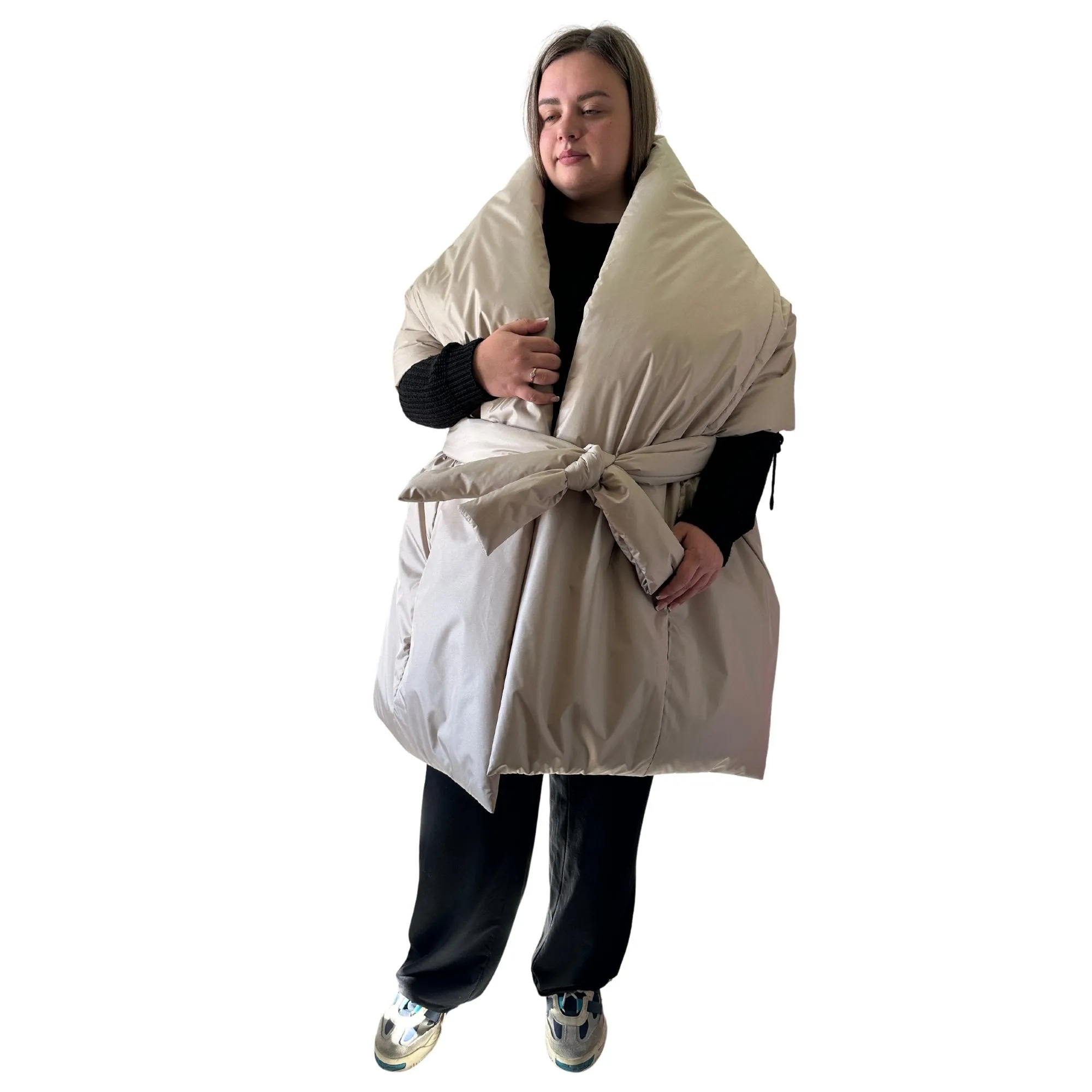 Plus Size Beige Puffer Scarf – Long Wide Scarf, 25x100 inches with 2 Pockets and Belt