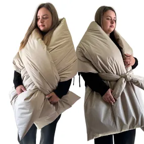 Plus Size Beige Puffer Scarf – Long Wide Scarf, 25x100 inches with 2 Pockets and Belt
