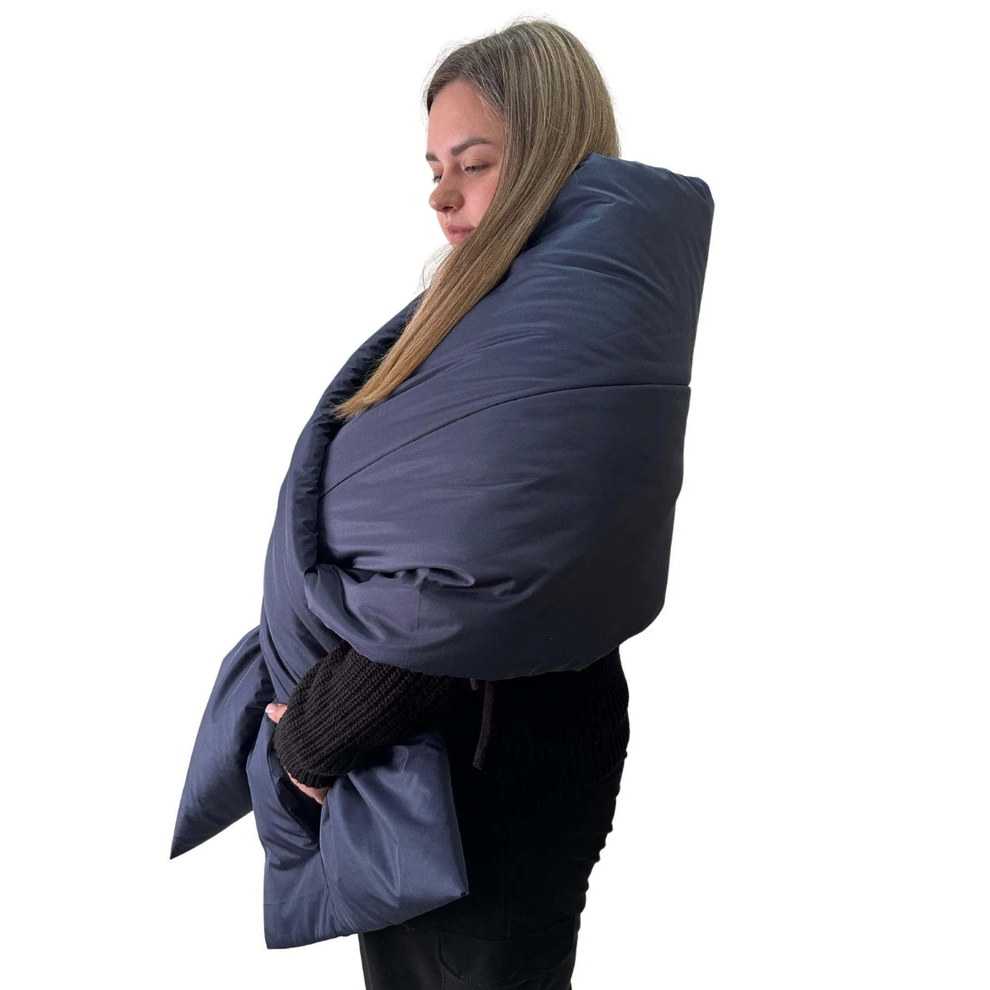 Plus Size Navy Puffer Scarf – Long Wide Scarf, 25x100 inches with 2 Pockets and Belt