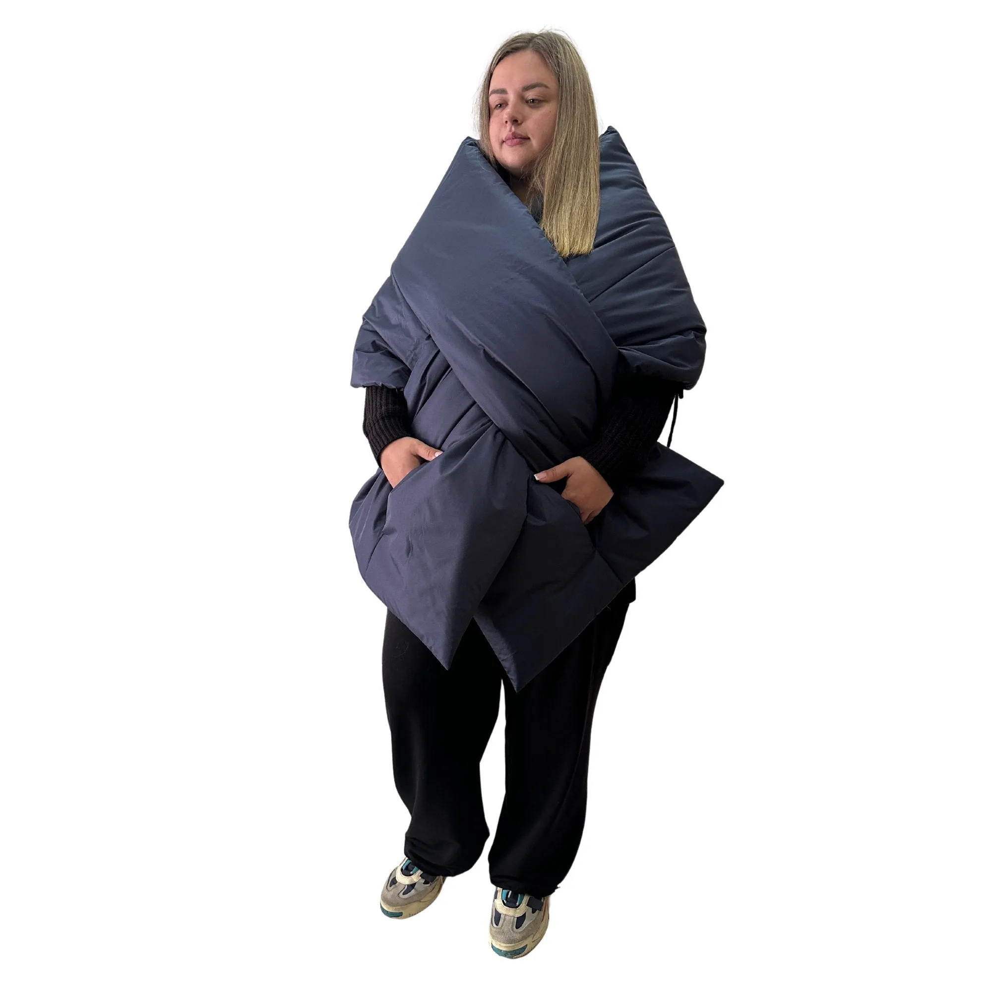 Plus Size Navy Puffer Scarf – Long Wide Scarf, 25x100 inches with 2 Pockets and Belt