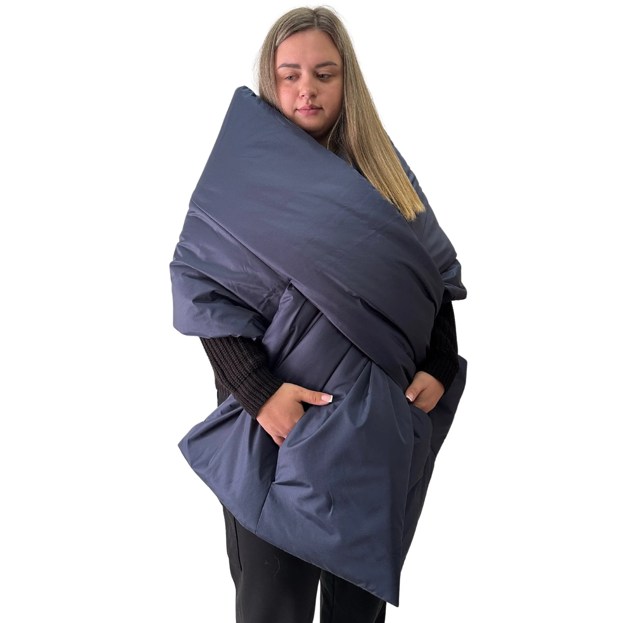 Plus Size Navy Puffer Scarf – Long Wide Scarf, 25x100 inches with 2 Pockets and Belt
