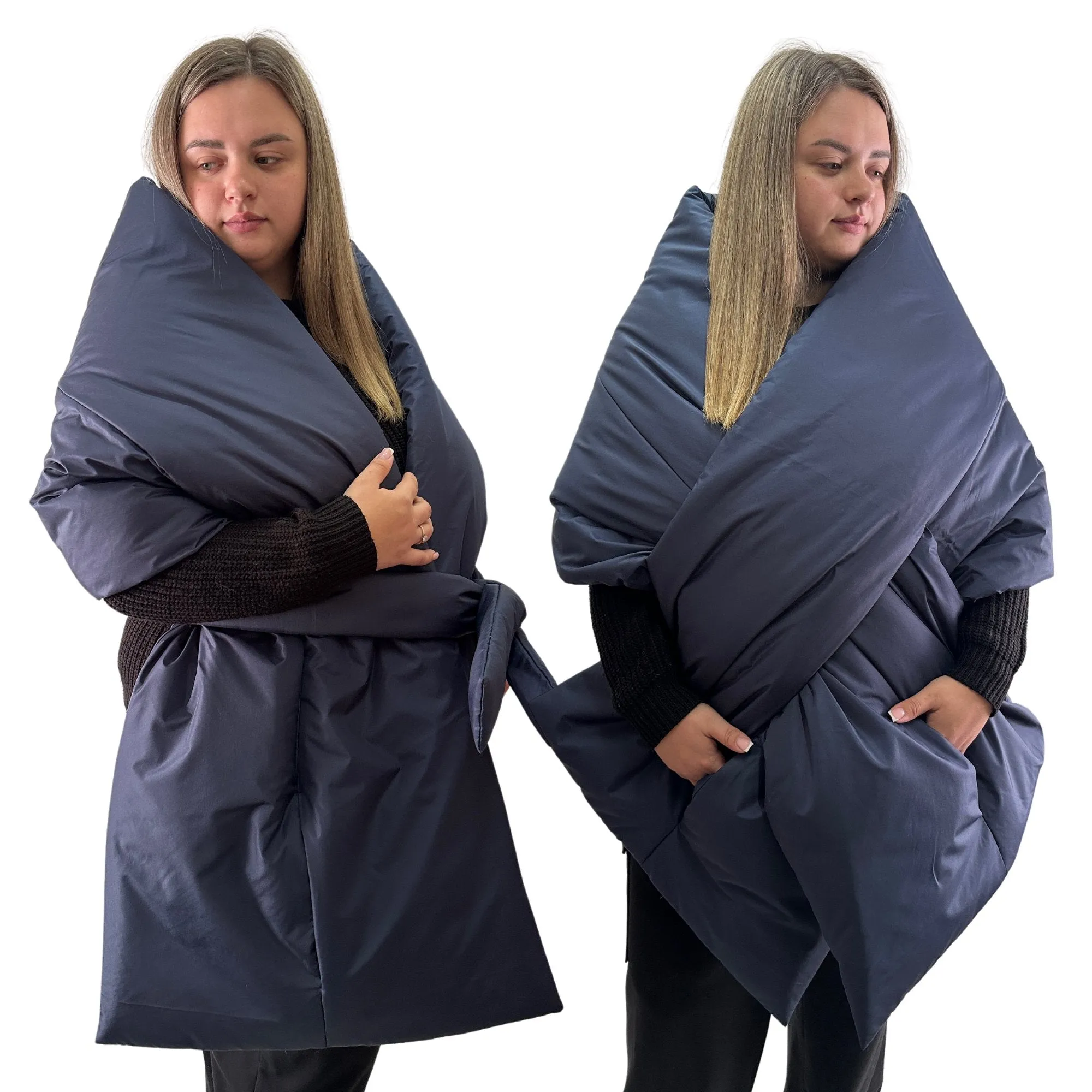 Plus Size Navy Puffer Scarf – Long Wide Scarf, 25x100 inches with 2 Pockets and Belt