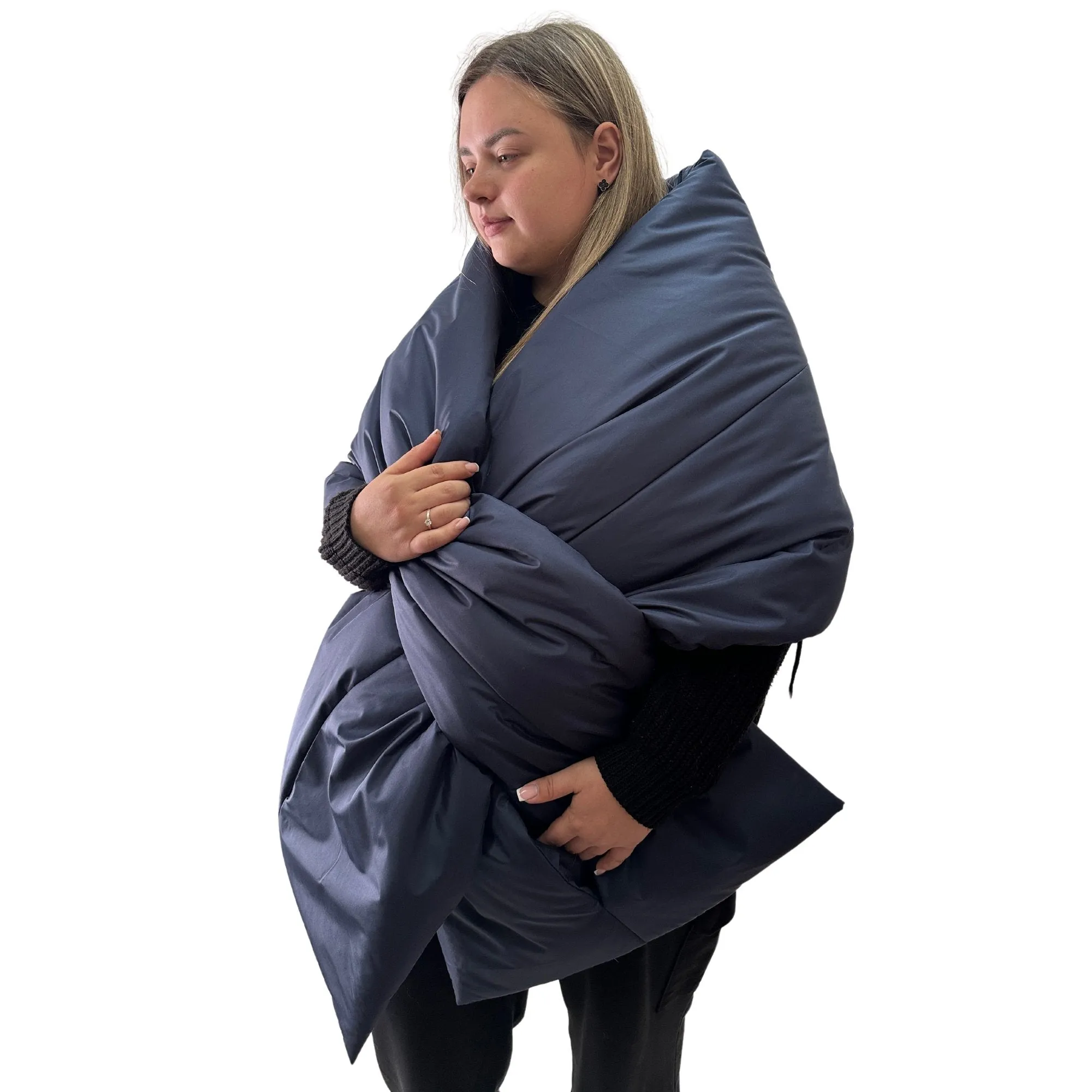 Plus Size Navy Puffer Scarf – Long Wide Scarf, 25x100 inches with 2 Pockets and Belt