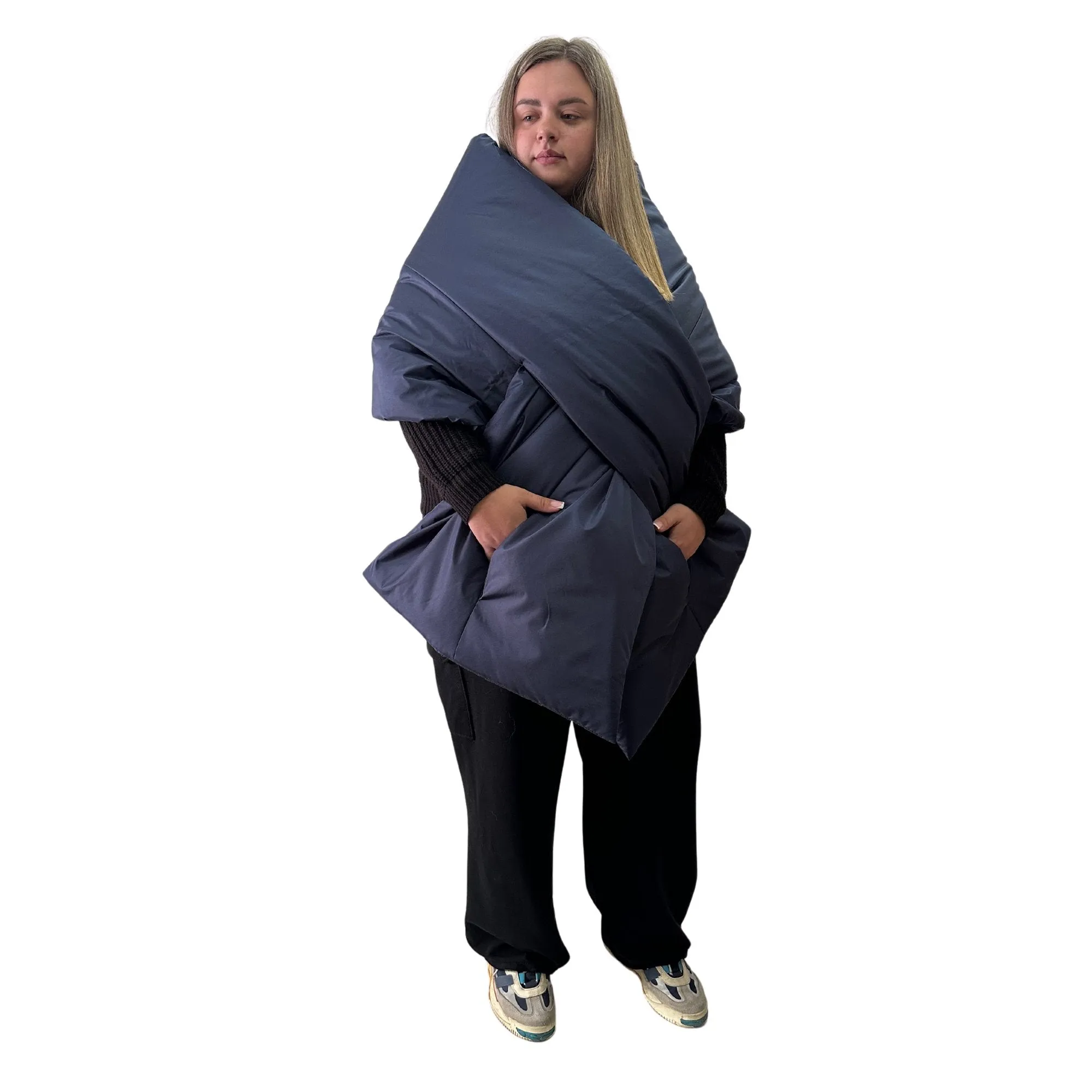 Plus Size Navy Puffer Scarf – Long Wide Scarf, 25x100 inches with 2 Pockets and Belt