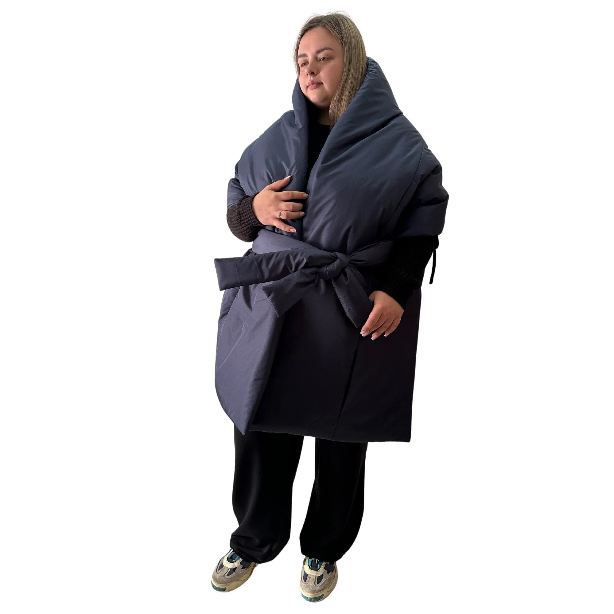 Plus Size Navy Puffer Scarf – Long Wide Scarf, 25x100 inches with 2 Pockets and Belt