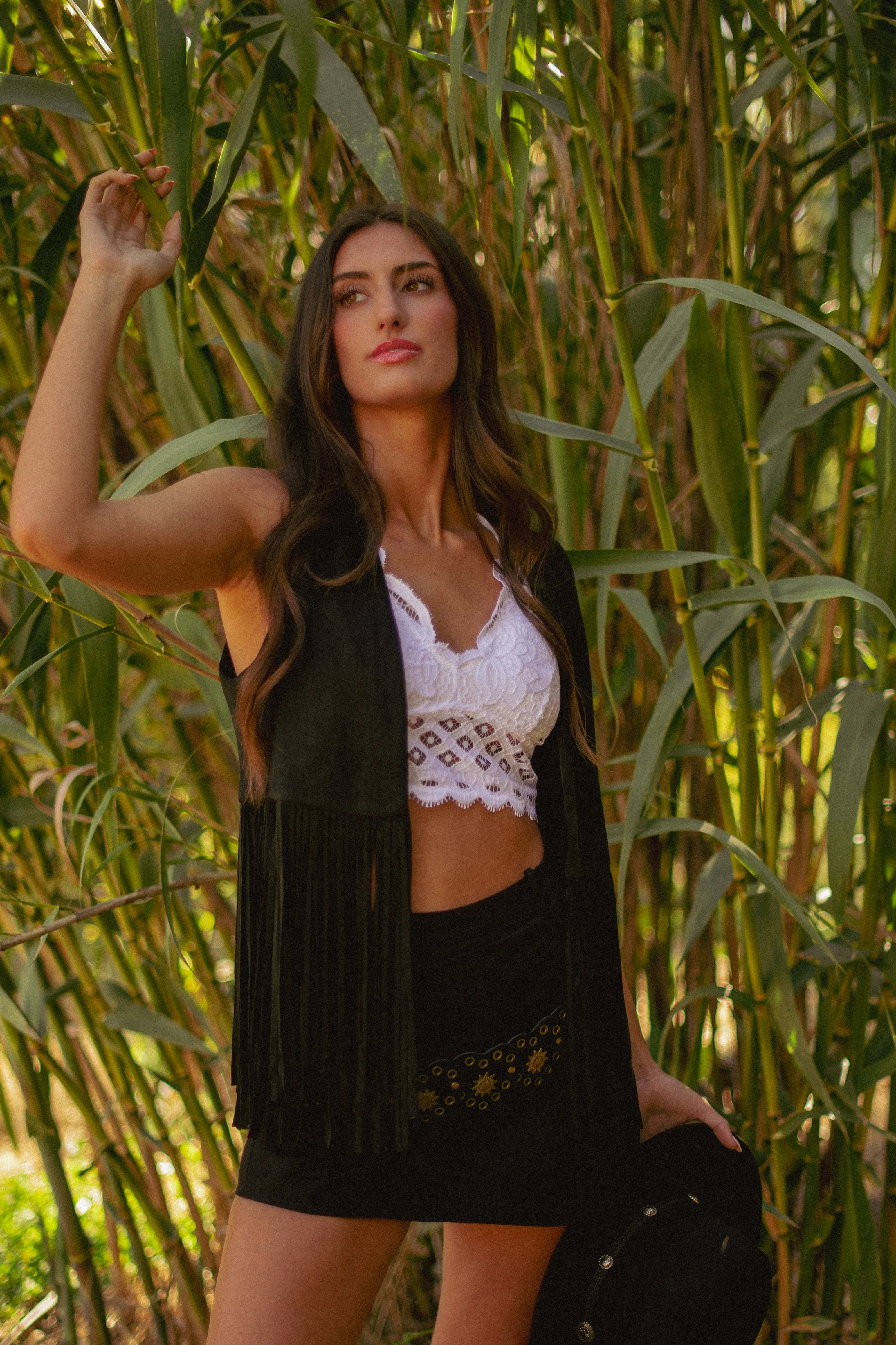 Rock the Block Faux Suede Fringe Trim Vest - Black