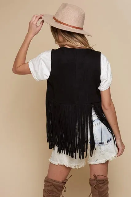 Rock the Block Faux Suede Fringe Trim Vest - Black