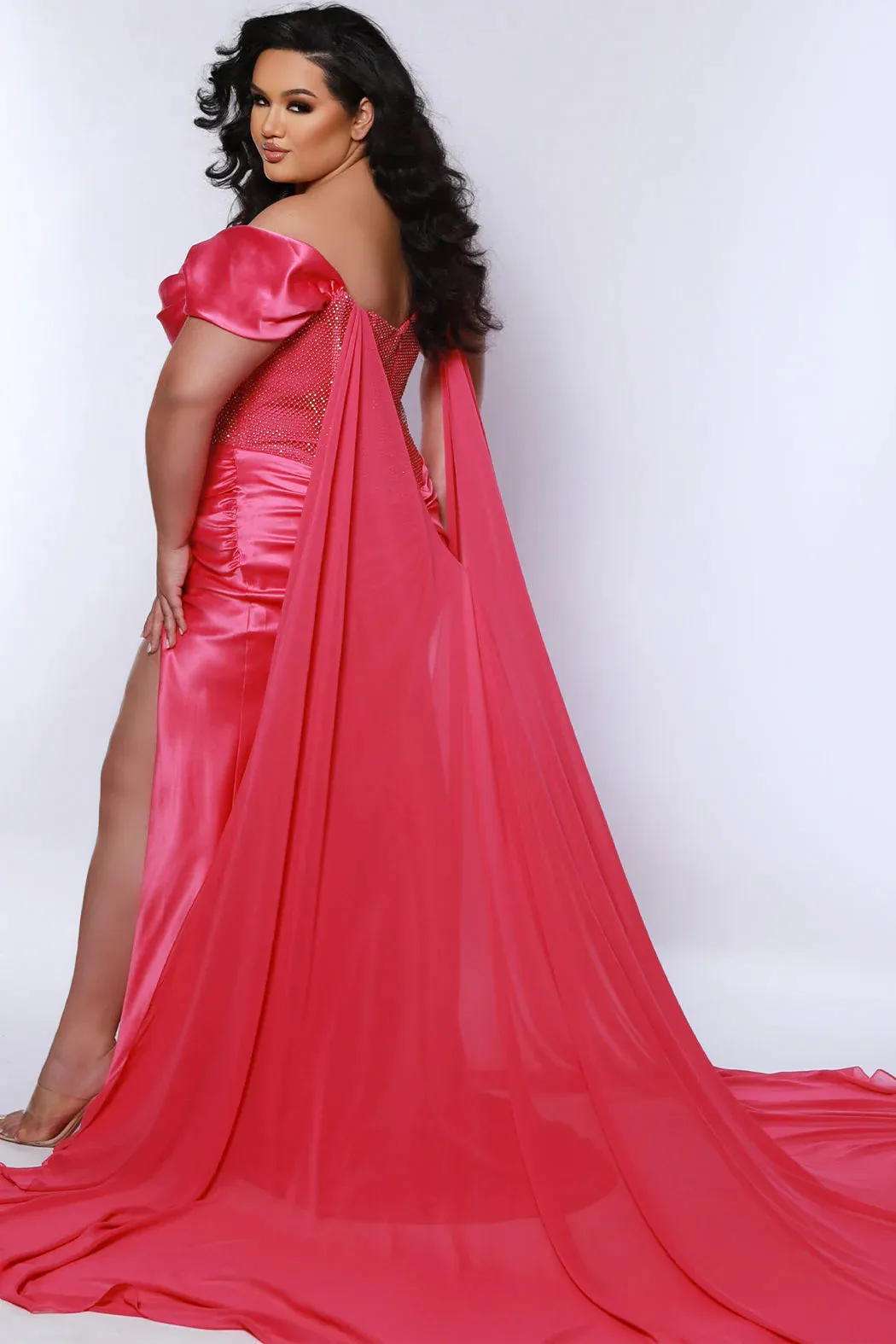 Sydneys Closet JK2417 Prom Dress Fitted Maxi Slit Plus Size Off Shoulders Corset Satin Cape Pageant