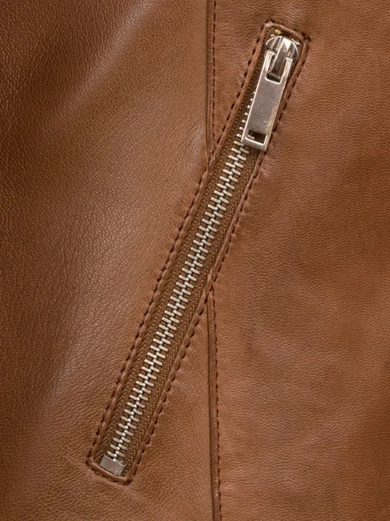 Tan Brown Collarless Biker Jacket