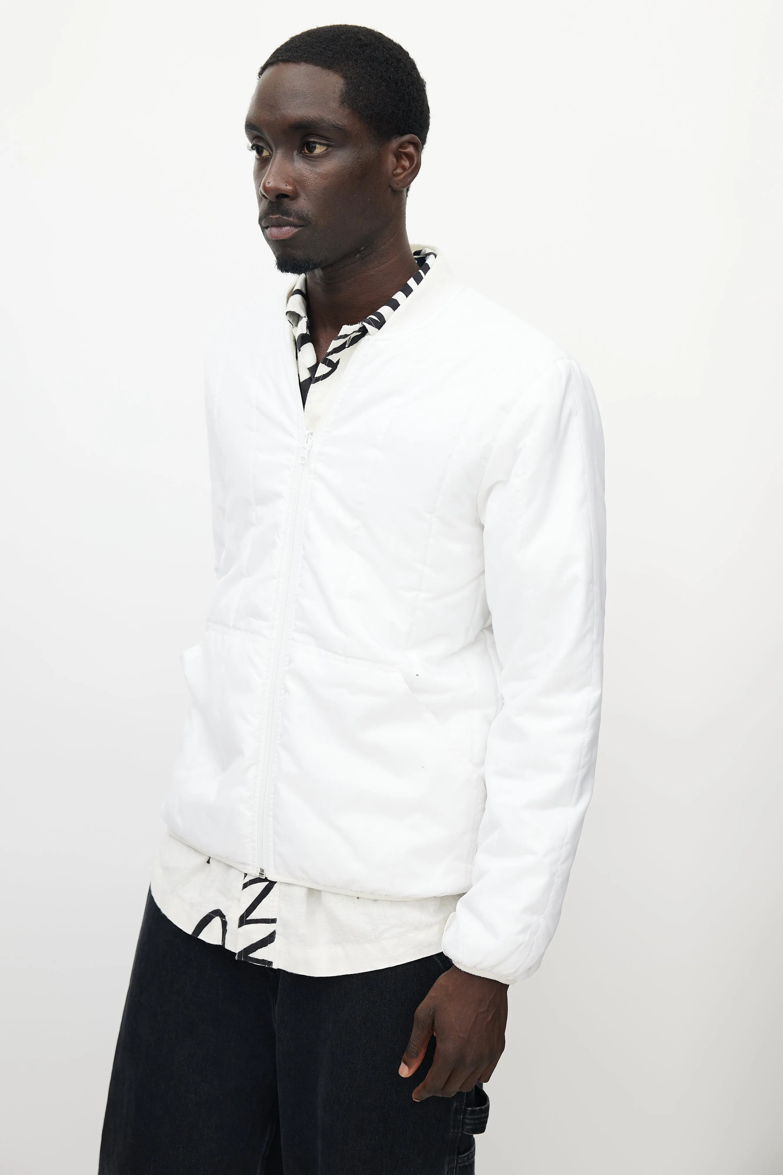 White Quilted Bomber Jacket