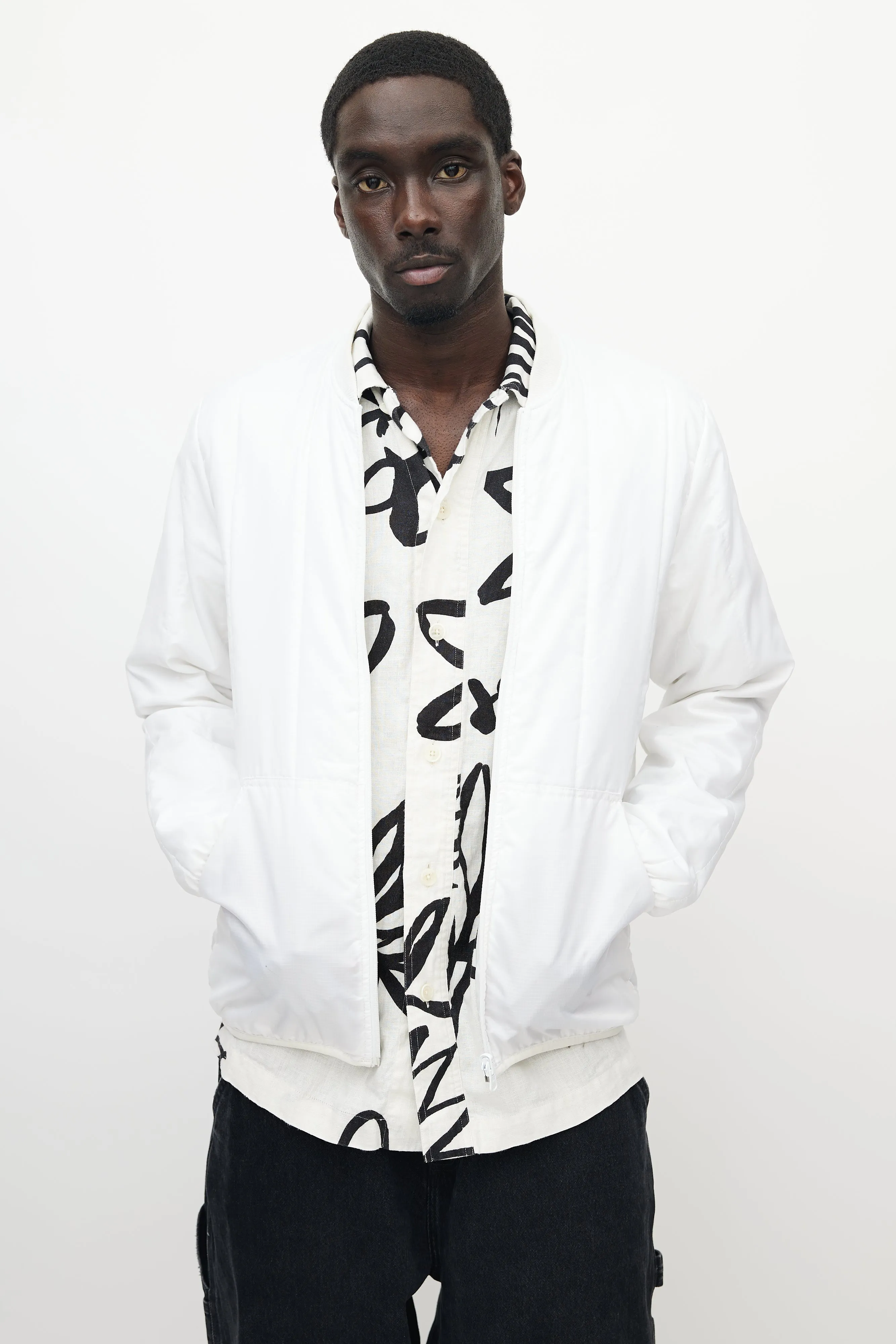 White Quilted Bomber Jacket