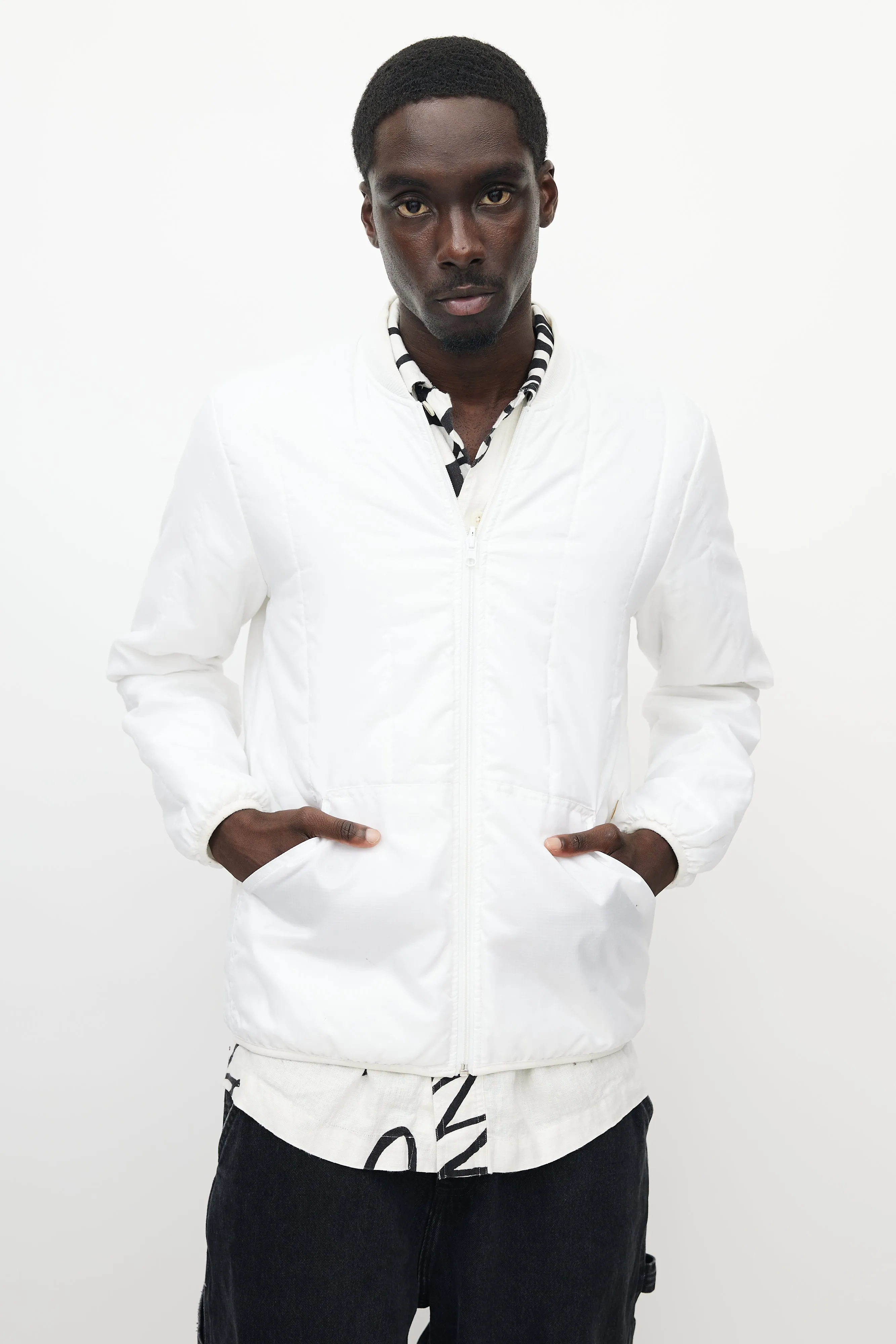 White Quilted Bomber Jacket