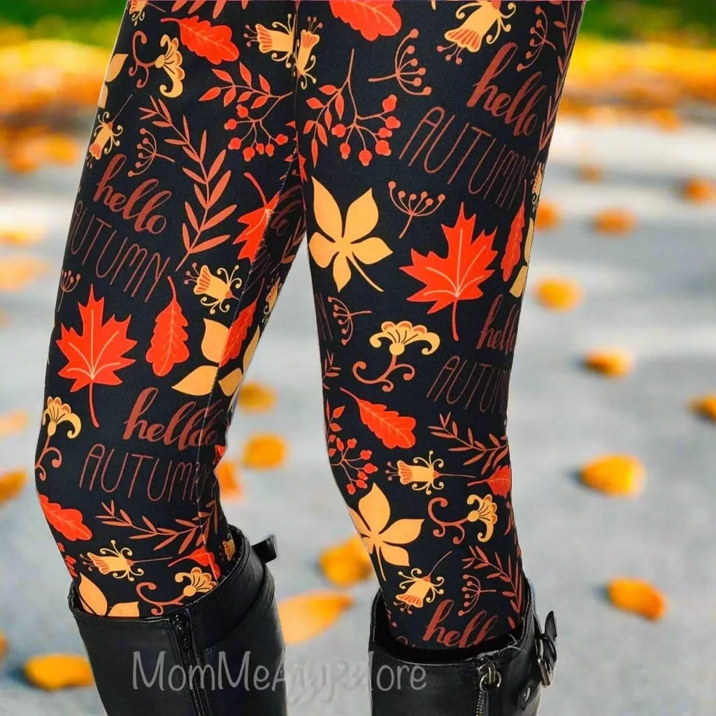 Womens Fall Oak Leaf Leggings, Soft Yoga Pants, Sizes OS/TC Yoga Waist, Black/Orange, Exclusive Leggings