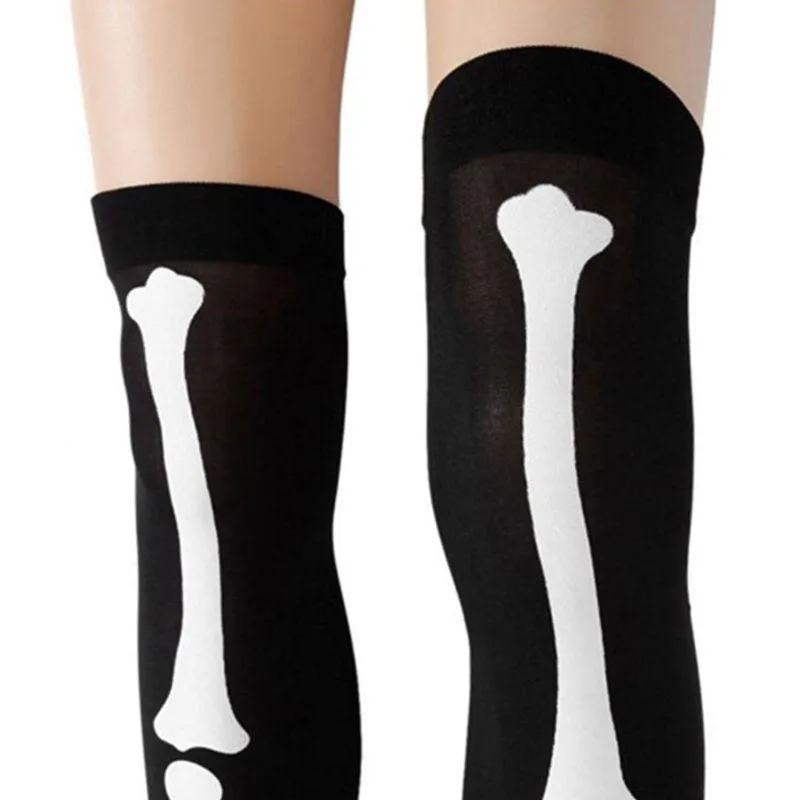 Womens Halloween Cosplay Skull Skeleton Bone Gloves Thigh High Stockings Socks