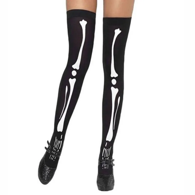 Womens Halloween Cosplay Skull Skeleton Bone Gloves Thigh High Stockings Socks